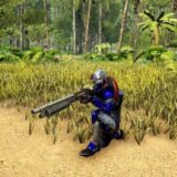 ポンプアクション式ショットガンを構えた姿