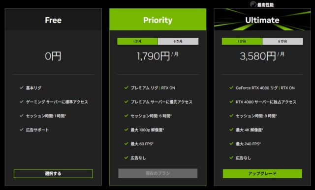 GeForceNowの料金一覧